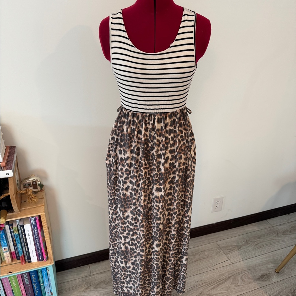Striped and Leopard Print Maxi Dress